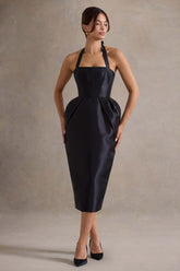 Black Halter-Neck Midi Dress With Tulip Skirt